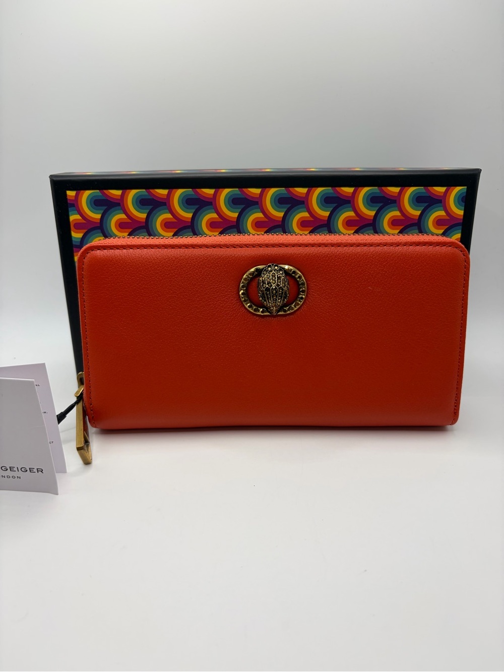 Kurt Geiger Orange Zip-Around Leather Wallet with Gold Emblem